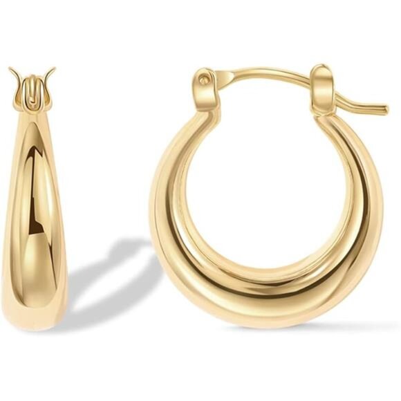 14K Gold Plated Sterling Silver Posts Chunky Hoop Earrings for Women | Thick - Picture 6 of 6